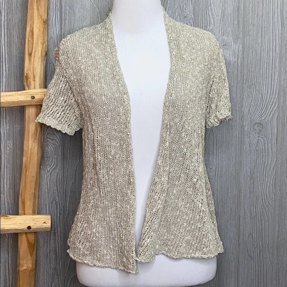 Eileen Fisher Open-Front Short Sleeve Knit Cardigan in Oatmeal